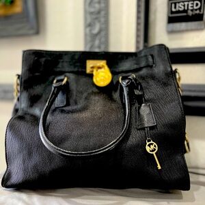 Michael Kors Large Hamilton Tote - Black Leather w/Gold Accents